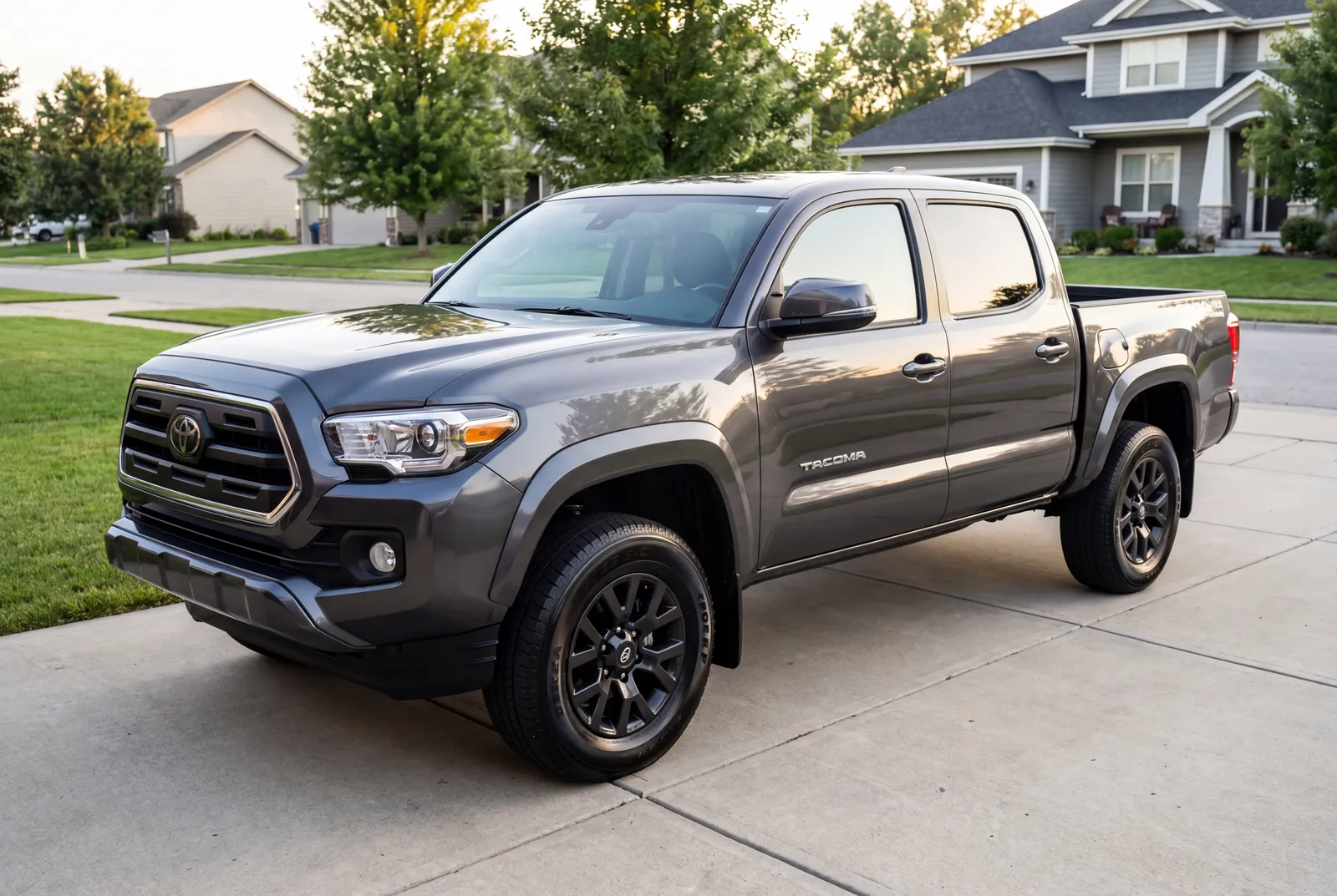 Freshly washed Toyota Tacoma with glossy paint and dressed tires